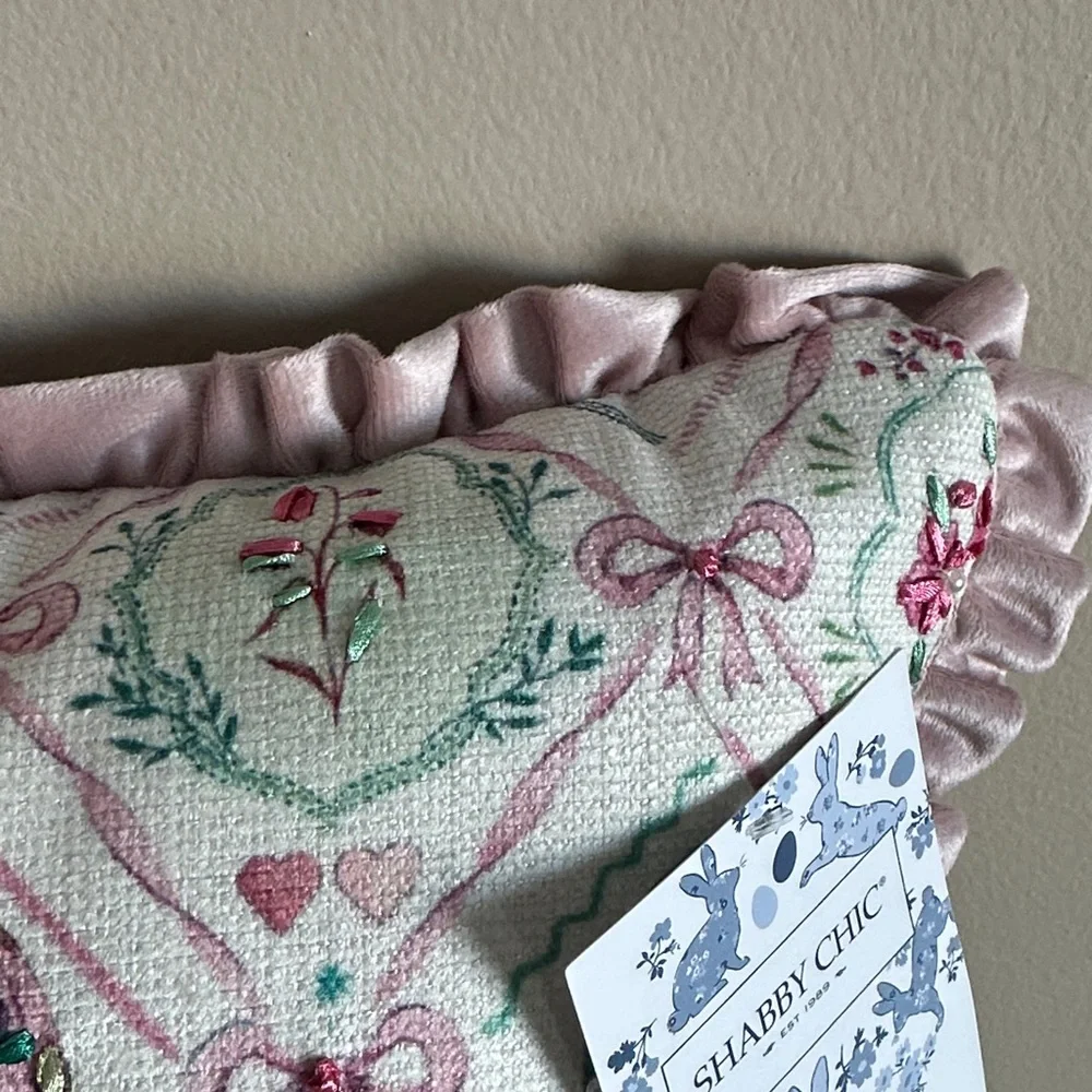 Shabby Chic Easter Egg 🥚 Pillow Pink Ribbon Bow Green Rose Ruffle Trim NEW!